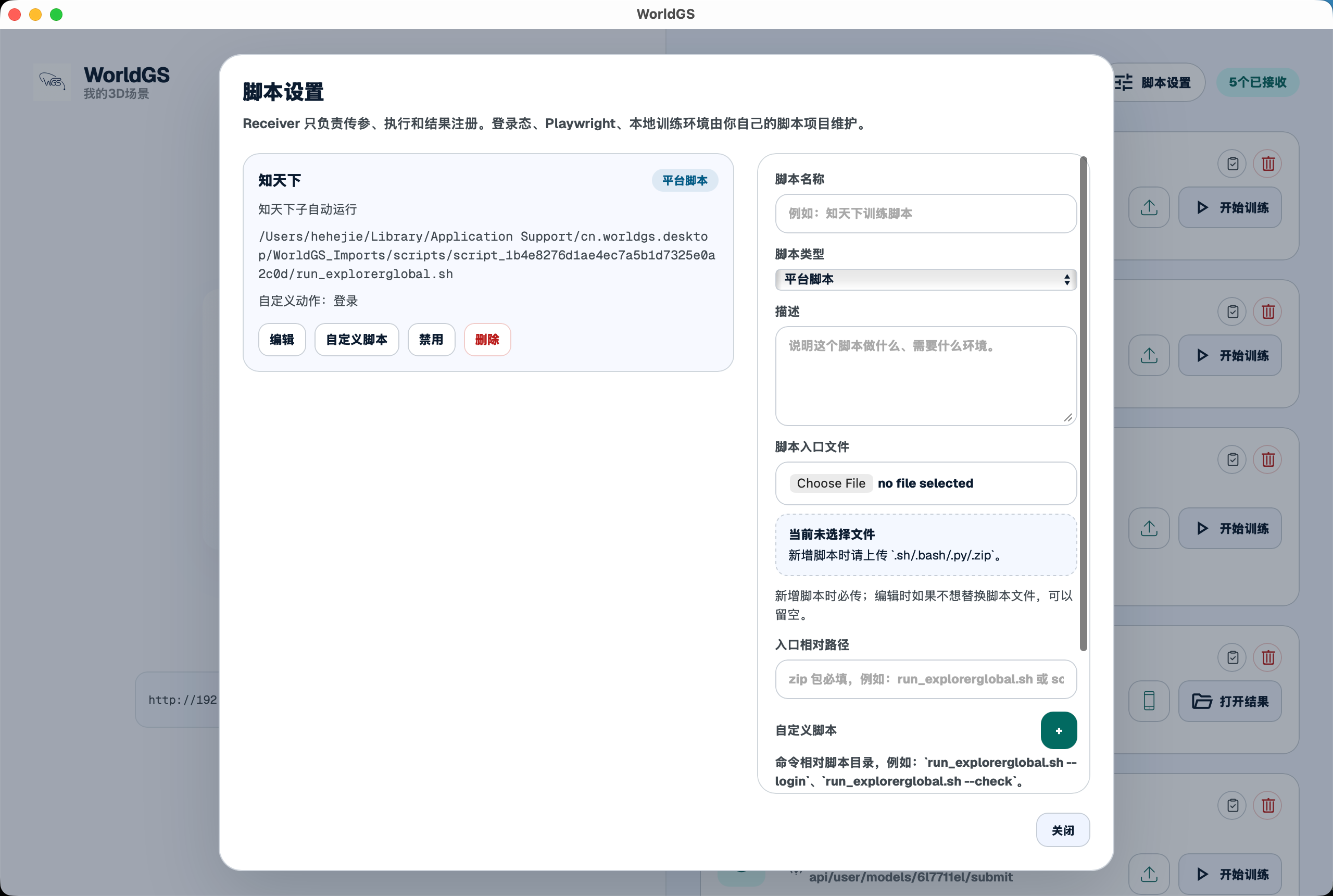 WorldGS 桌面版自定义脚本设置界面